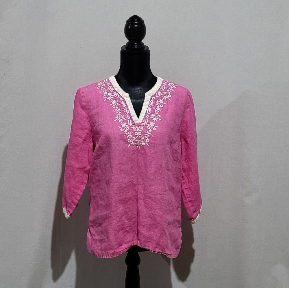 JM Collection blouse pink linen petite shirt embroidery plus size 14 feminine